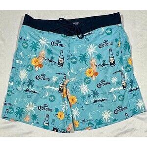 Corona Men's Tropical Swim Trunks Blue Mesh Lined Drawstring Pockets Size L